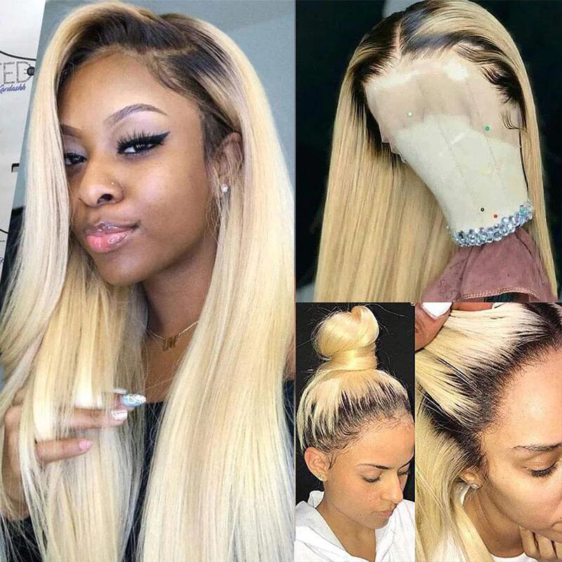 Stema 1b/613 Ombre Blonde Dark Root Straight 13x4 Lace Front Wig Virgin Hair Wigs